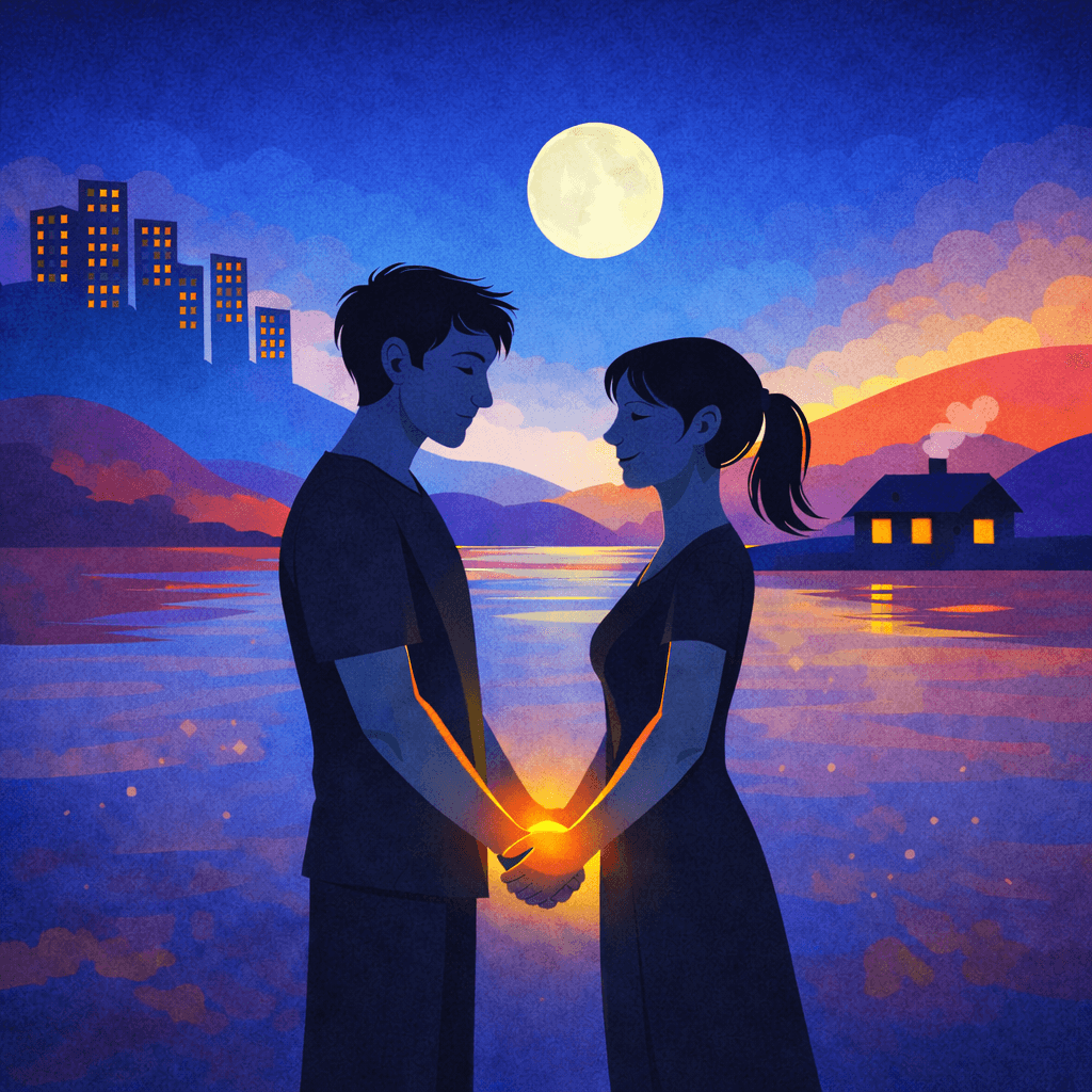Man and woman holding hands in moonlight