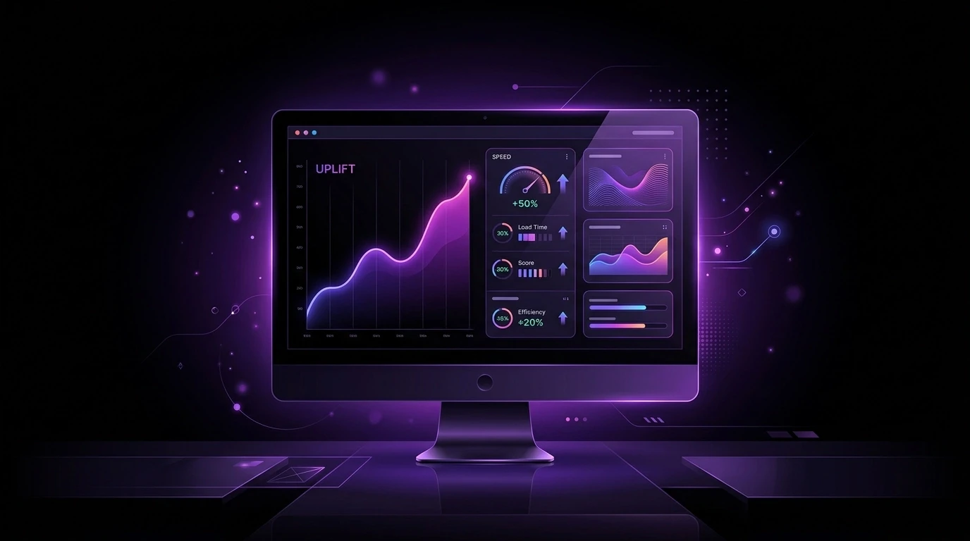 A premium futuristic vector illustration of a desktop monitor with glowing analytics, speed indicators, and refined UI panels in violet and magenta on a deep black background.