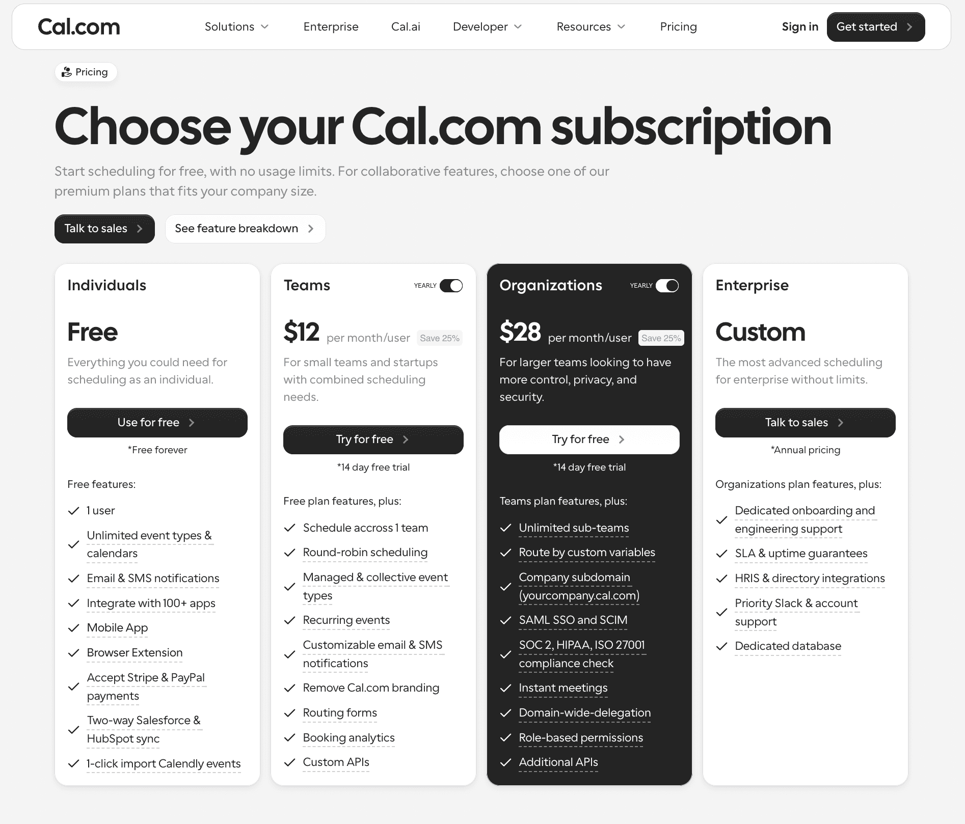 Screenshot of the Cal.com pricing page