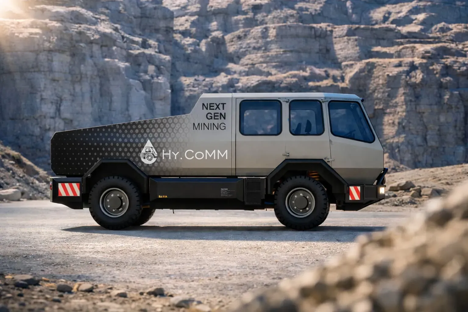 Side-view rendering of mining vehicle concept in quarry environment