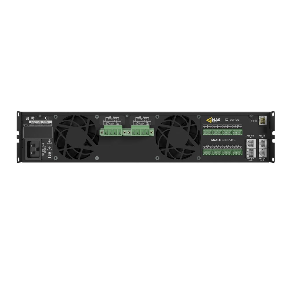 Back panel of MAG IQ-series audio device with connectors.