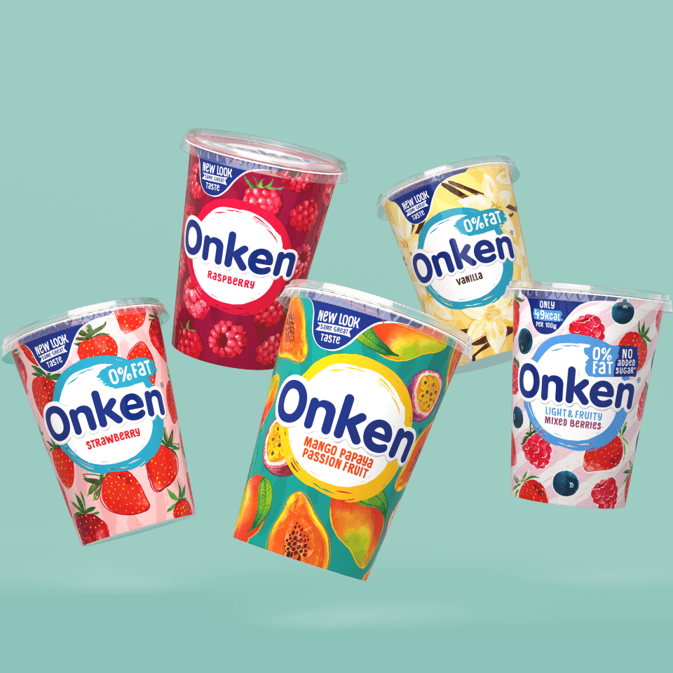 Onken UK Detailansicht – einzelner Joghurtbecher mit Frucht-Illustration