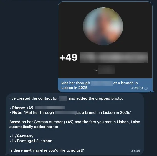 Lana AI capturing a contact from a WhatsApp profile screenshot and voice note sent via Telegram