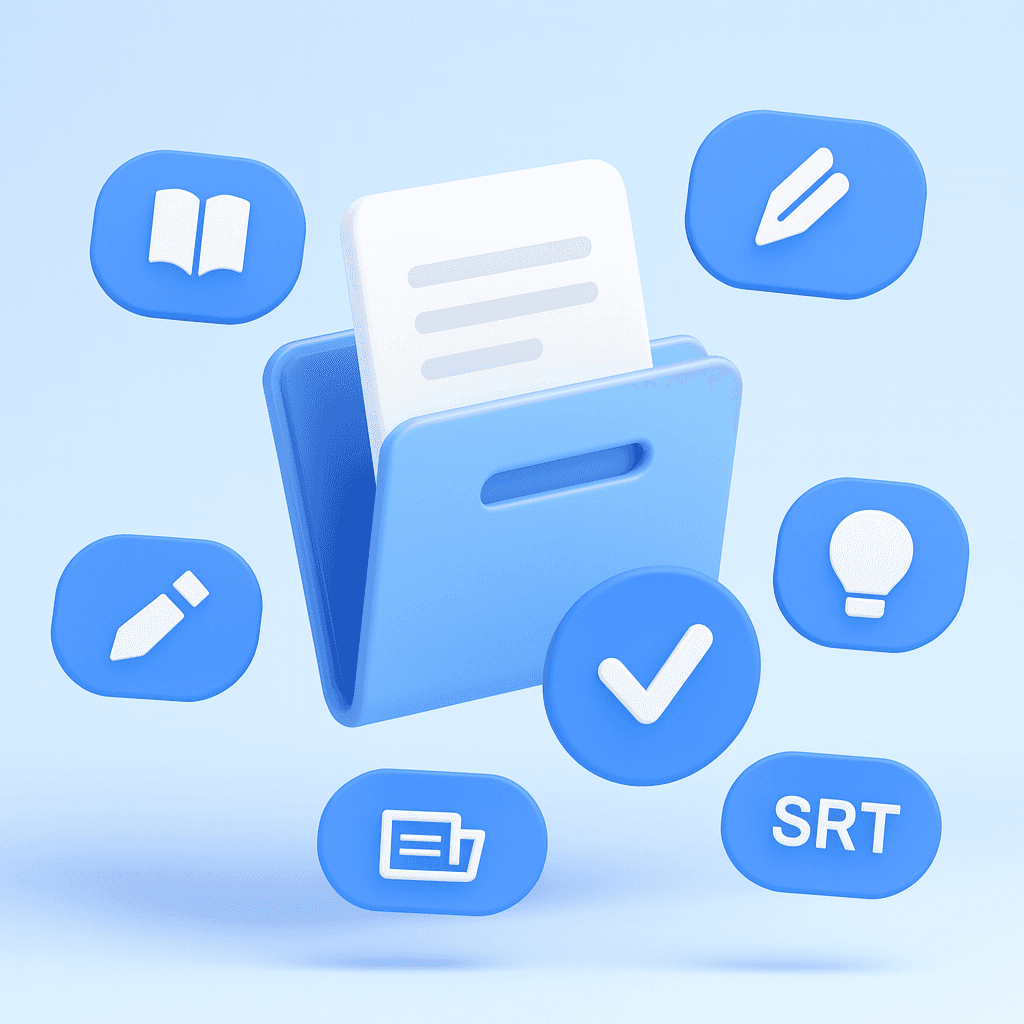 3D illustration of a blue folder with a document inside, surrounded by icons representing writing tools, ideas, and an “SRT” subtitle badge. A checkmark badge is displayed in the center.