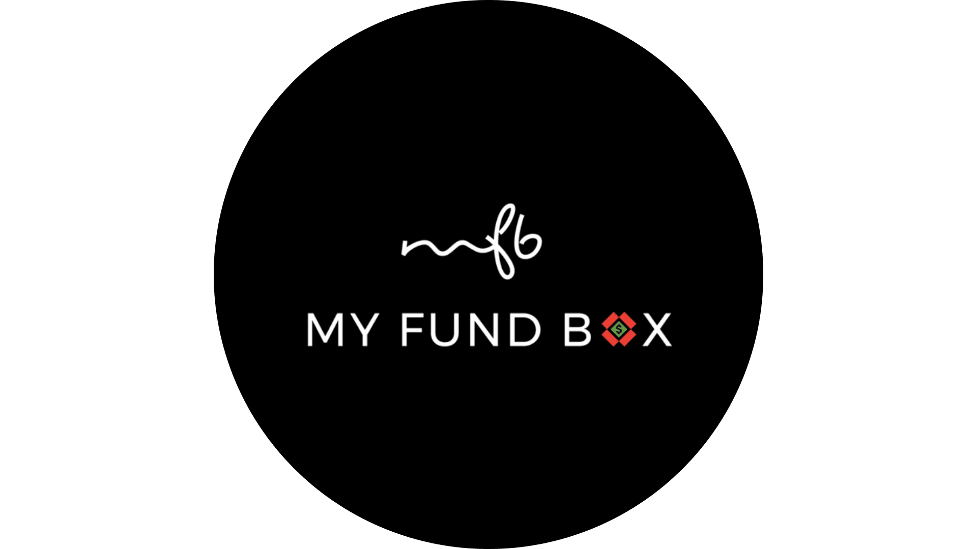 The image displays the circular logo of MY FUND BOX with a black background, featuring a stylized lowercase "mfb" in white above the brand name written in uppercase letters, and a small red and green diamond icon inside the letter "O."
