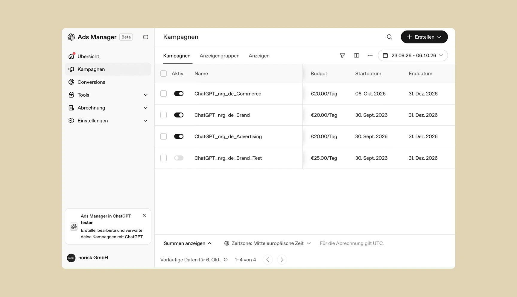 ChatGPT Ads Manager von norisk 