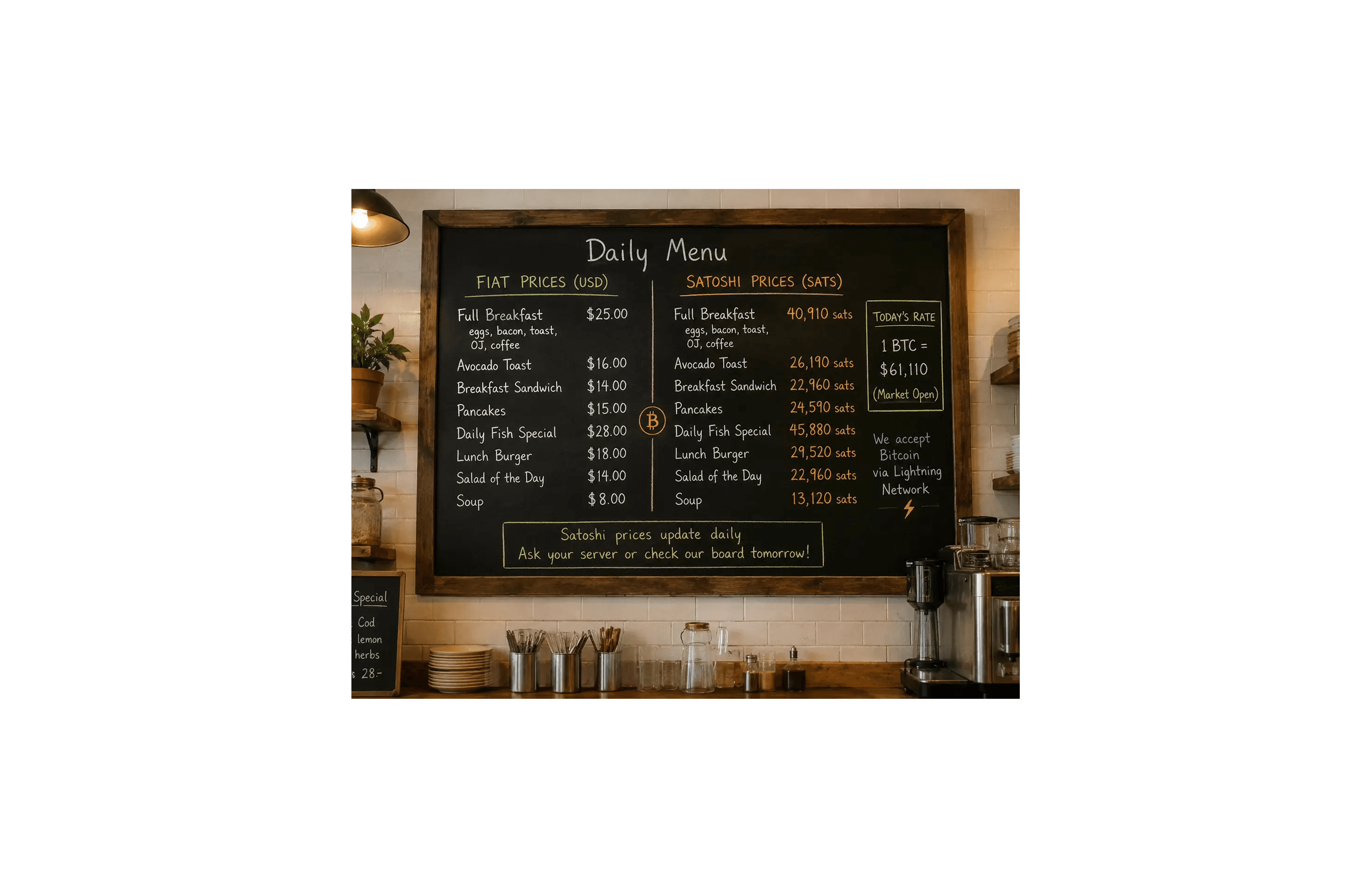 Restaurant chalkboard displaying breakfast prices in both fiat currency and satoshis, illustrating how a menu could show the dollar price alongside the Bitcoin price for the same meal.