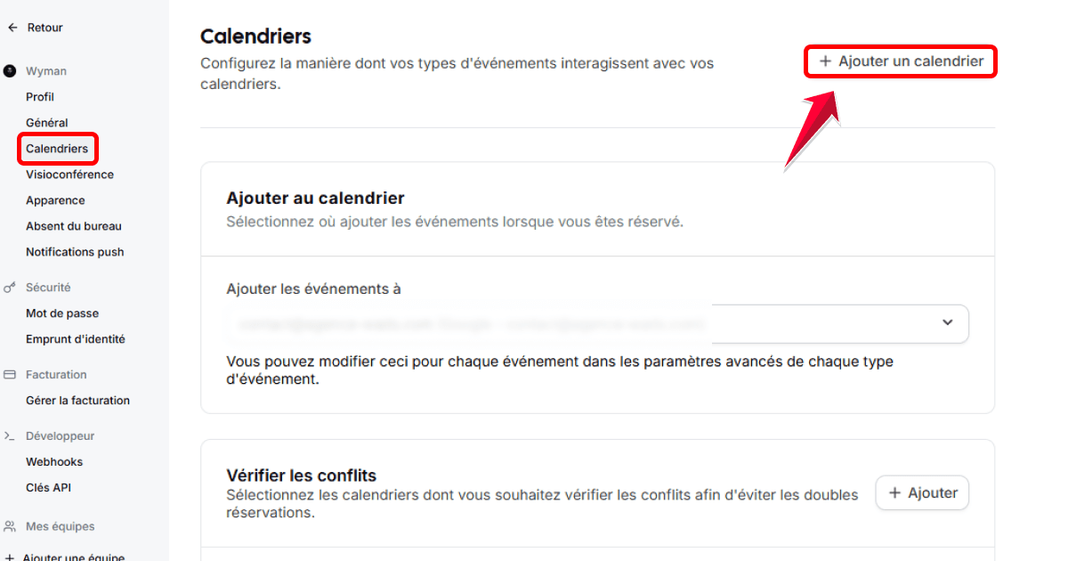 Interface Cal.com montrant le tableau de bord et la configuration d’un calendrier en ligne