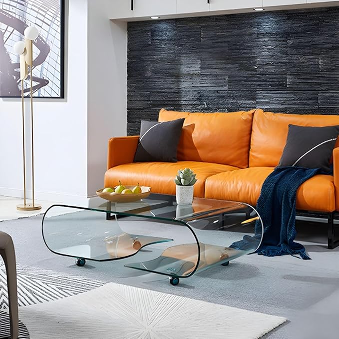 Stylish curved glass coffee table that enhances home decor with its premium build and aesthetic.