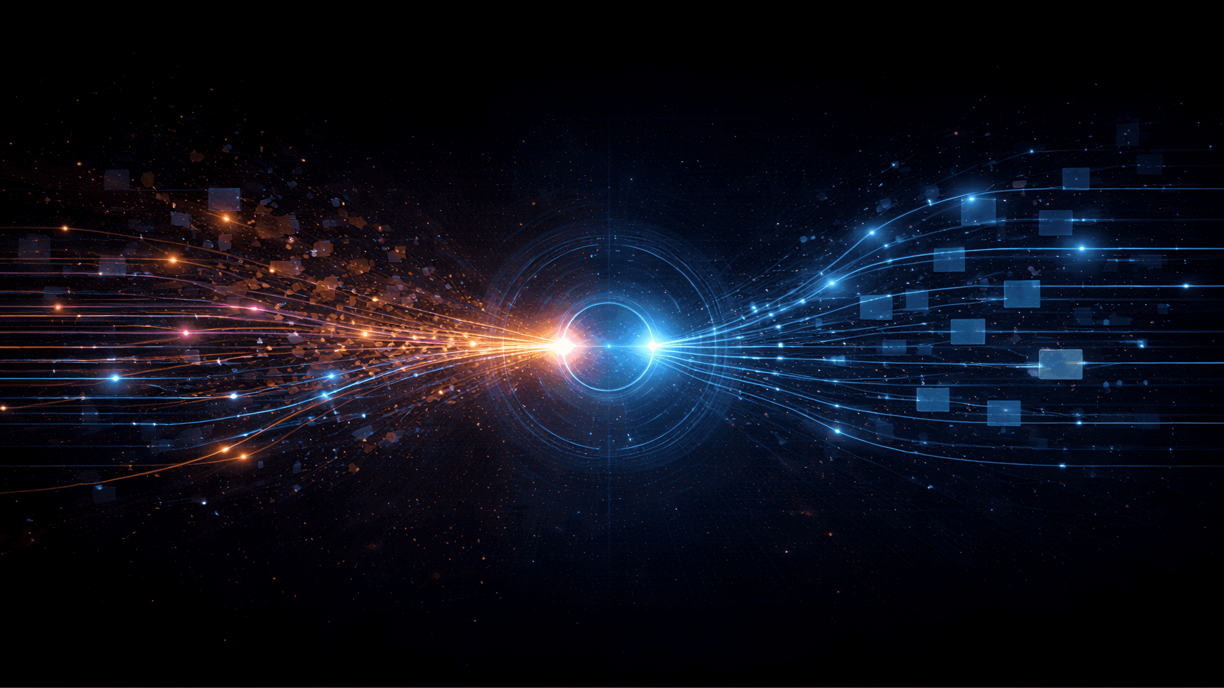 Abstract visualization of AI-assisted CRM automation where fragmented, unstructured data streams converge into a central processing core and emerge as clean, organized blue data flows, representing transformation from messy inputs to structured, reliable records.
