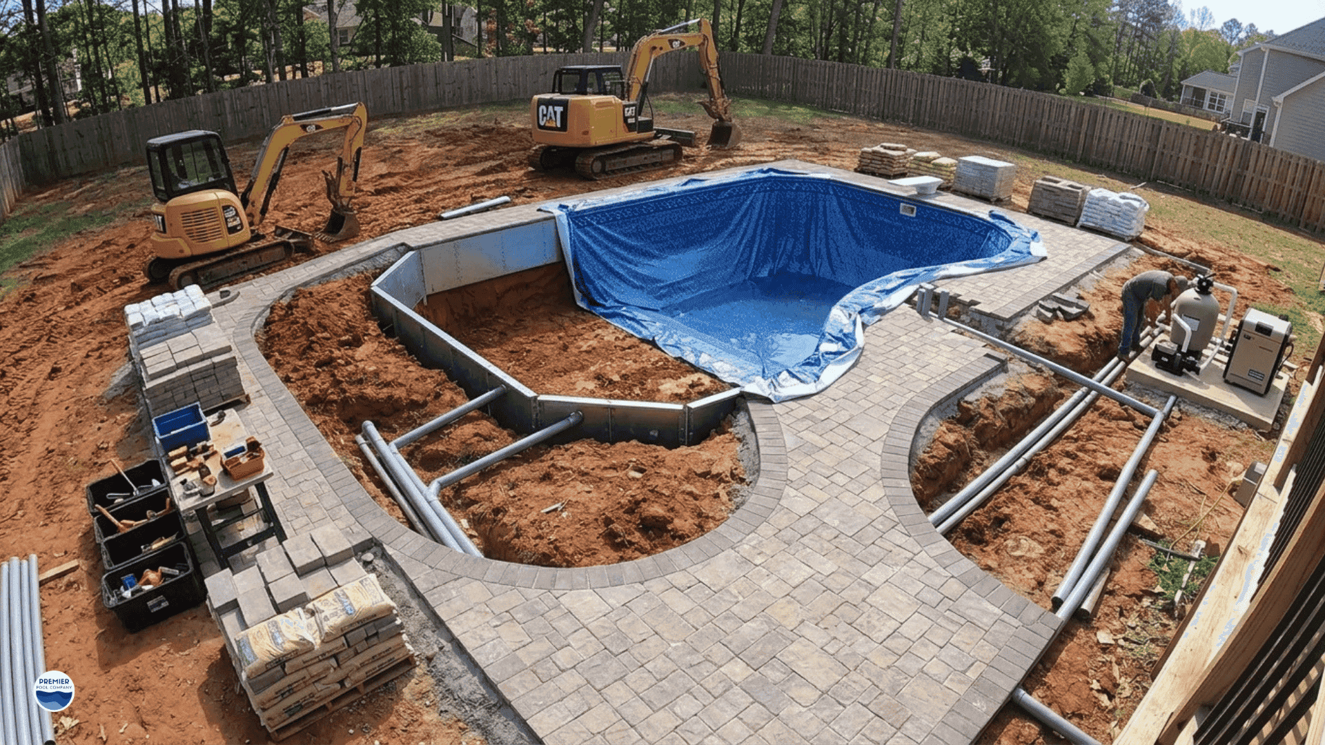 Pool construction showing phased installation of decking fencing and utilities