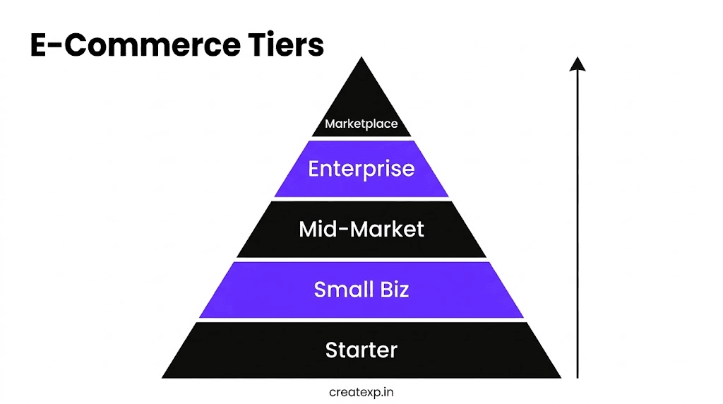 A tiered pyramid graphic showing the scaling costs and complexities of e-commerce web development, moving from Starter stores up to Custom Marketplaces.
