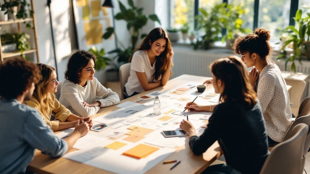 A group of young professionals gathered around a table, engaged in a creative brainstorming session with sketches, notes, and mobile phones spread out, in a brightly lit room filled with plants