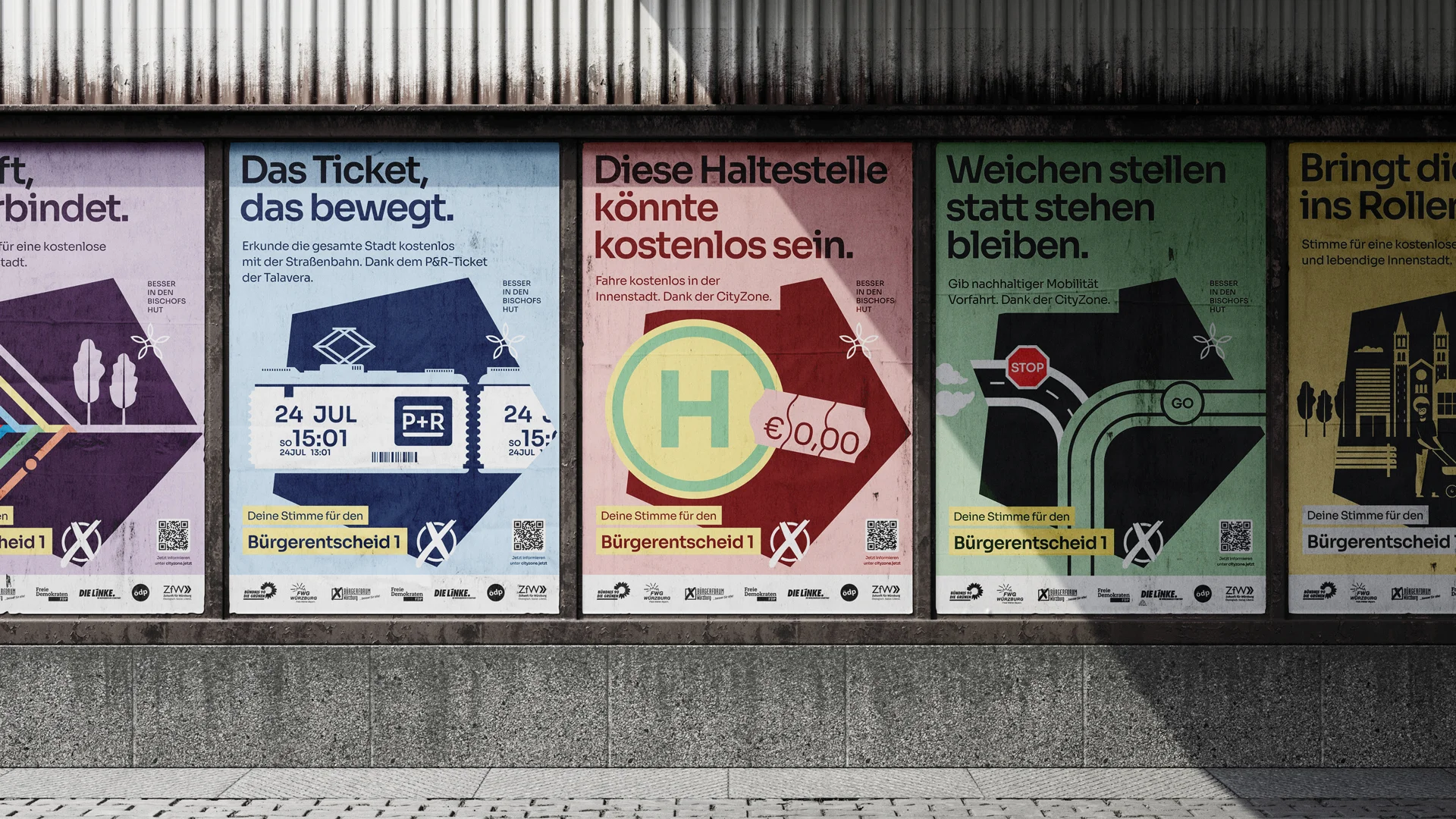 Plakatwand mit Designs für die Mobilitäts-Kampagne der Stadt Würzburg in Kooperation mit der Partei Bündnis 90 die Grünen