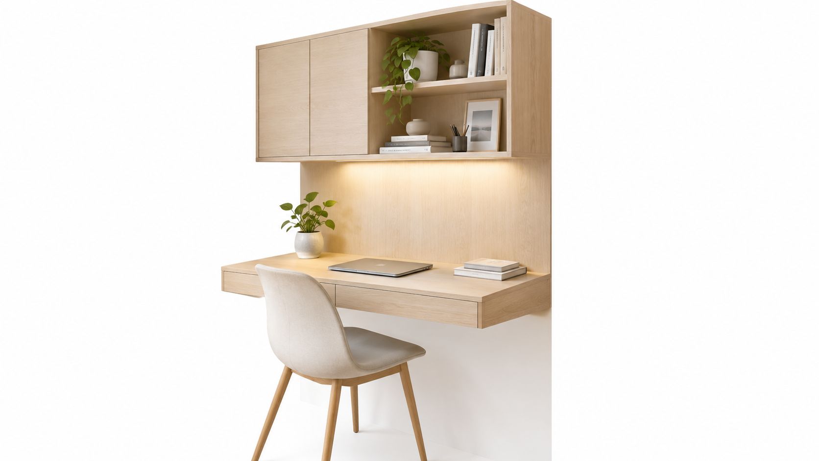 A modern light wood wall-mounted desk with storage shelves and a chair against a white background.