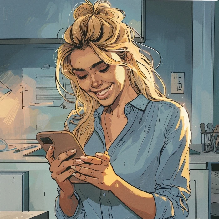 The woman smiles while reading a message on her phone