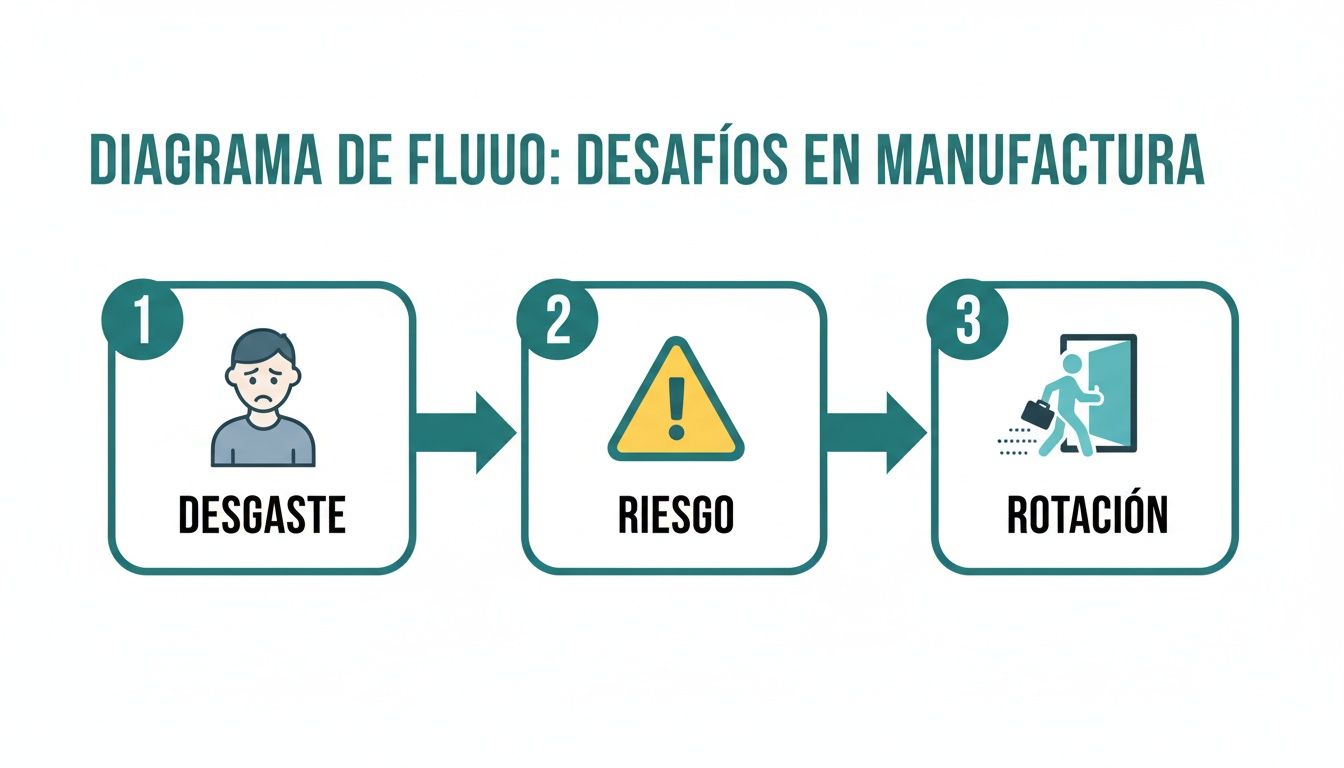 Diagrama de flujo visualizando los desafíos clave en la manufactura: desgaste, riesgo y rotación de personal.