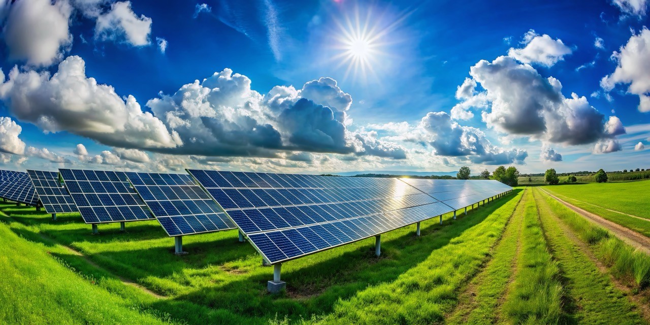 Sonnenkollektoren auf Feld - nachhaltige Energie und Solarenergie