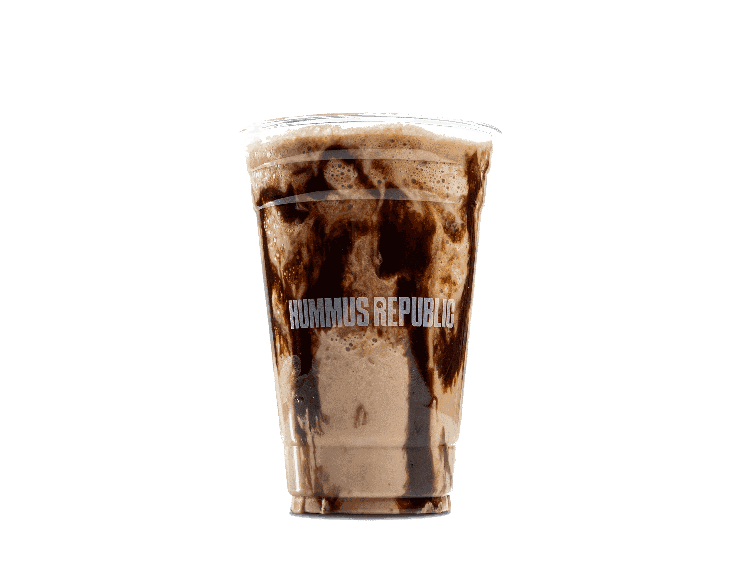 Tahini shake in a plastic cup with stripes of chocolate