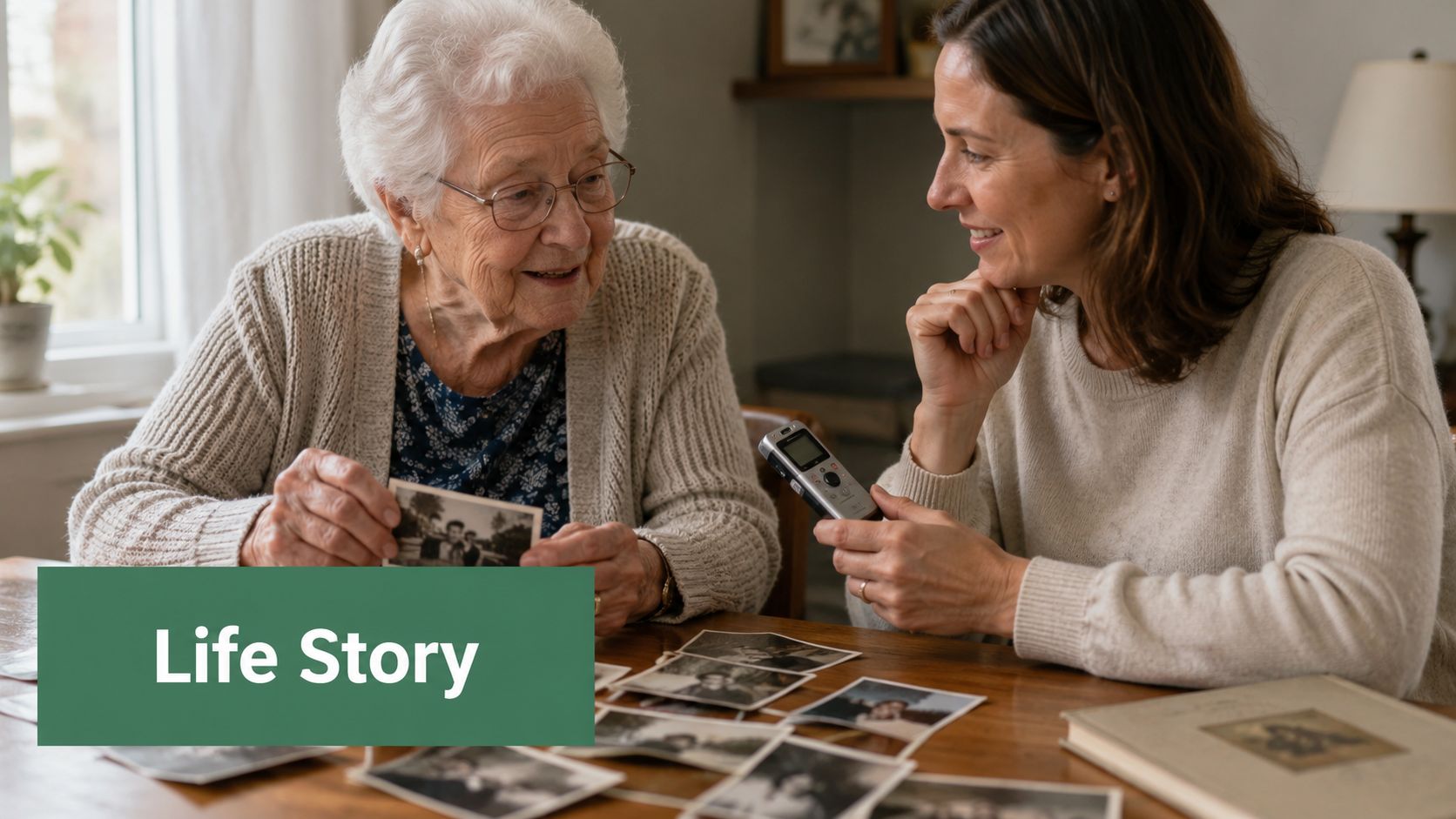 An elderly woman sharing memories with her daughter while recording stories and reviewing old family photographs.