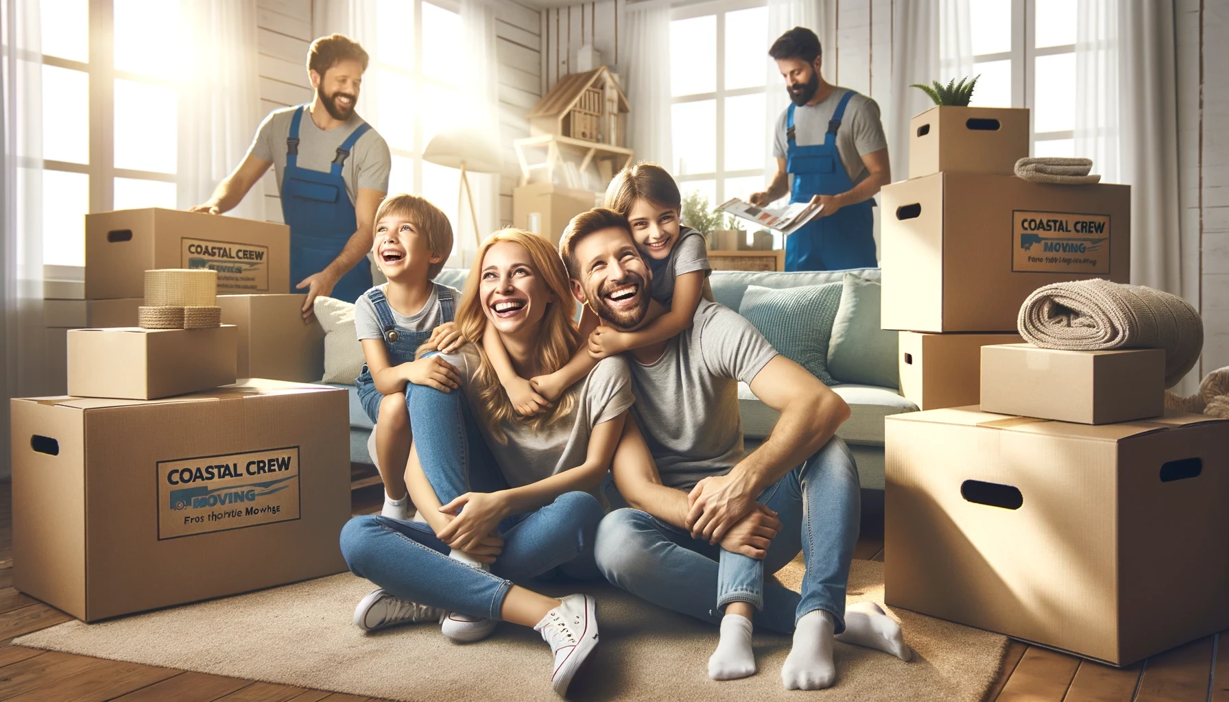 The image captures a heartwarming scene of a family enjoying a stress-free moving day, surrounded by organized boxes in their new home, with the Coastal Crew Moving team ensuring everything goes smoothly in the background