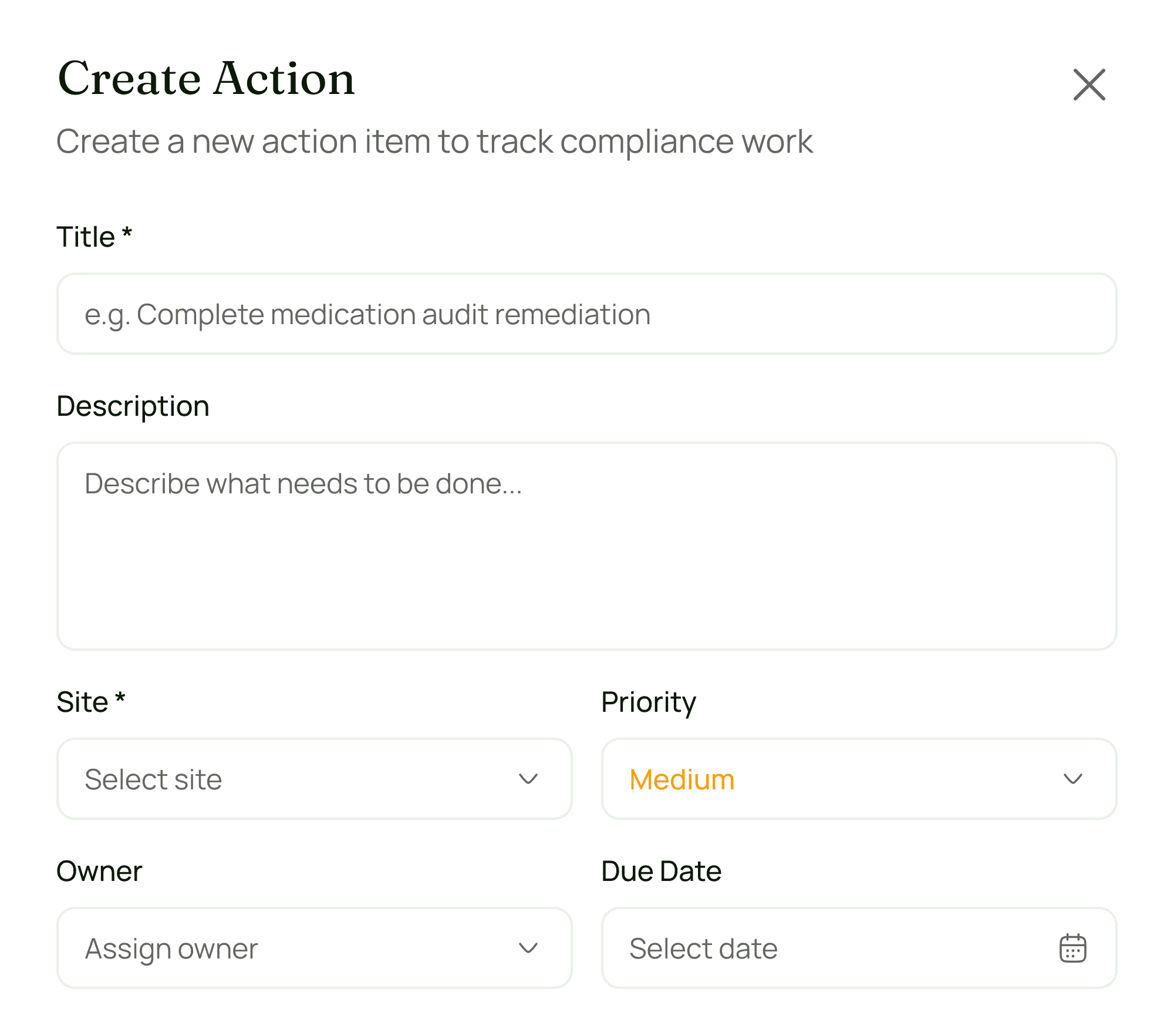Action creation interface showing task details, priority, ownership, and due dates