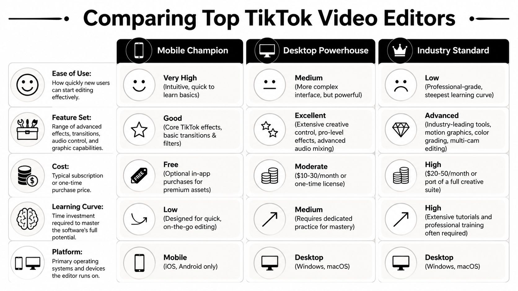 A comparison chart outlining features, cost, and learning curves for mobile and desktop TikTok video editors.