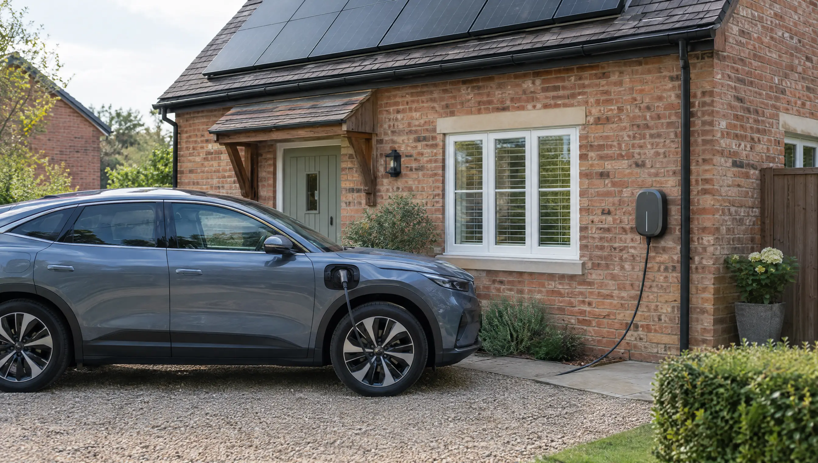 An electric car charging from a wall charger at a house with solar panels