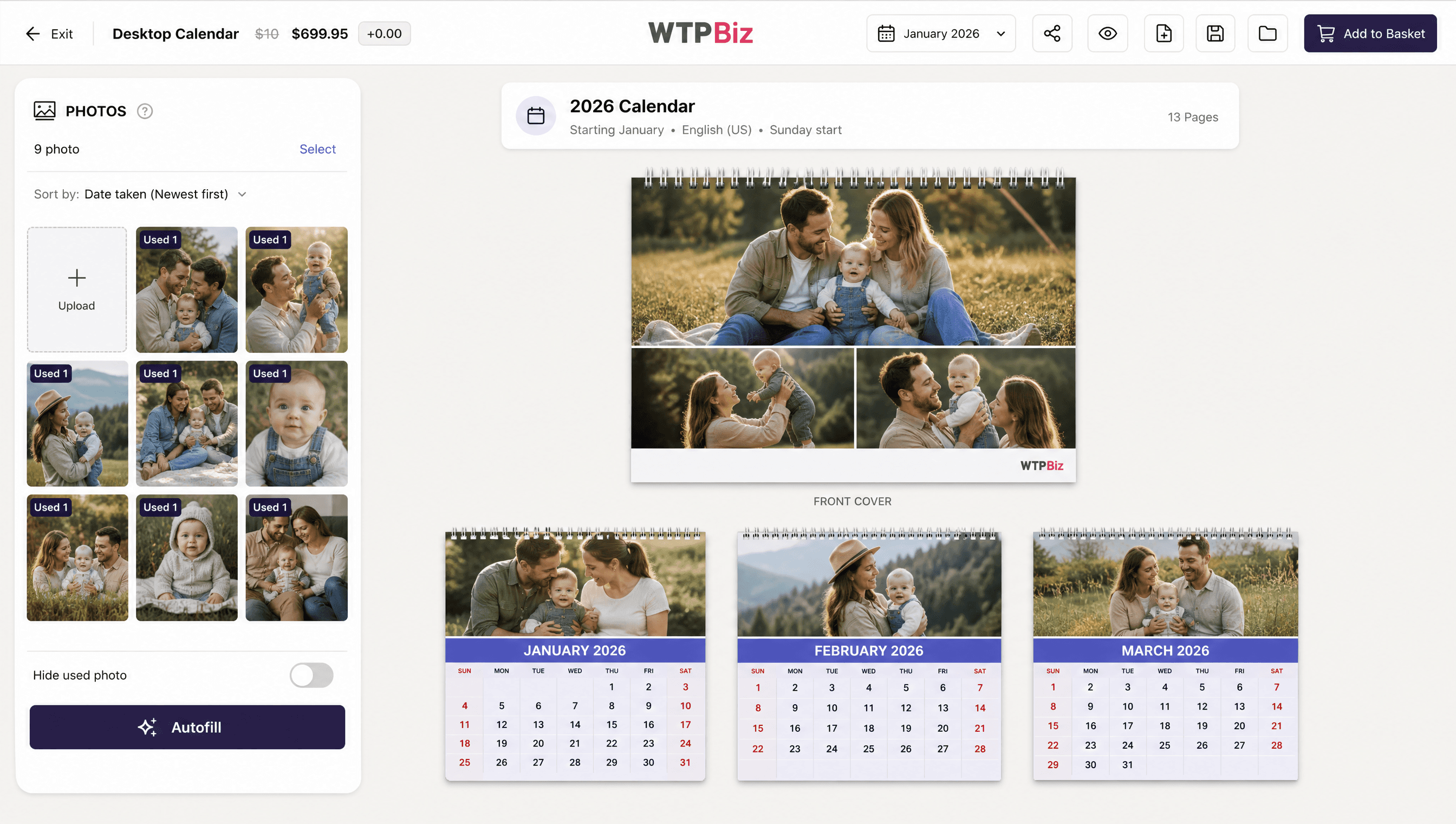 WTPBiz photo calendar designer: 2026 calendar overview with front cover and monthly pages