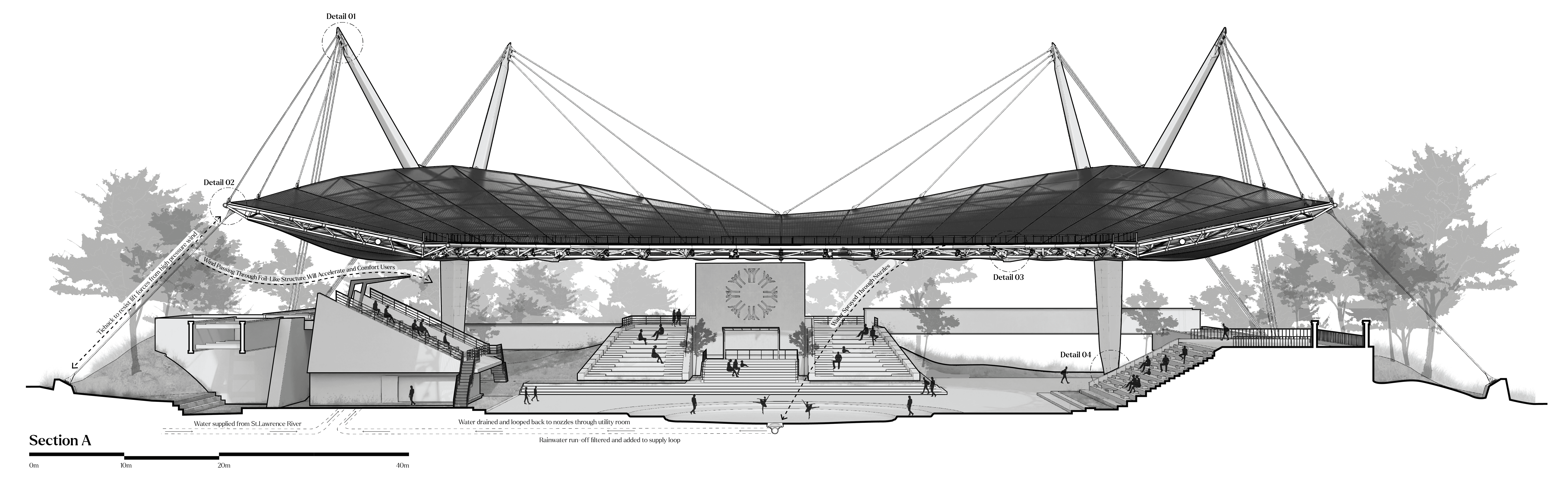 Section showing the imposition of the new structure.