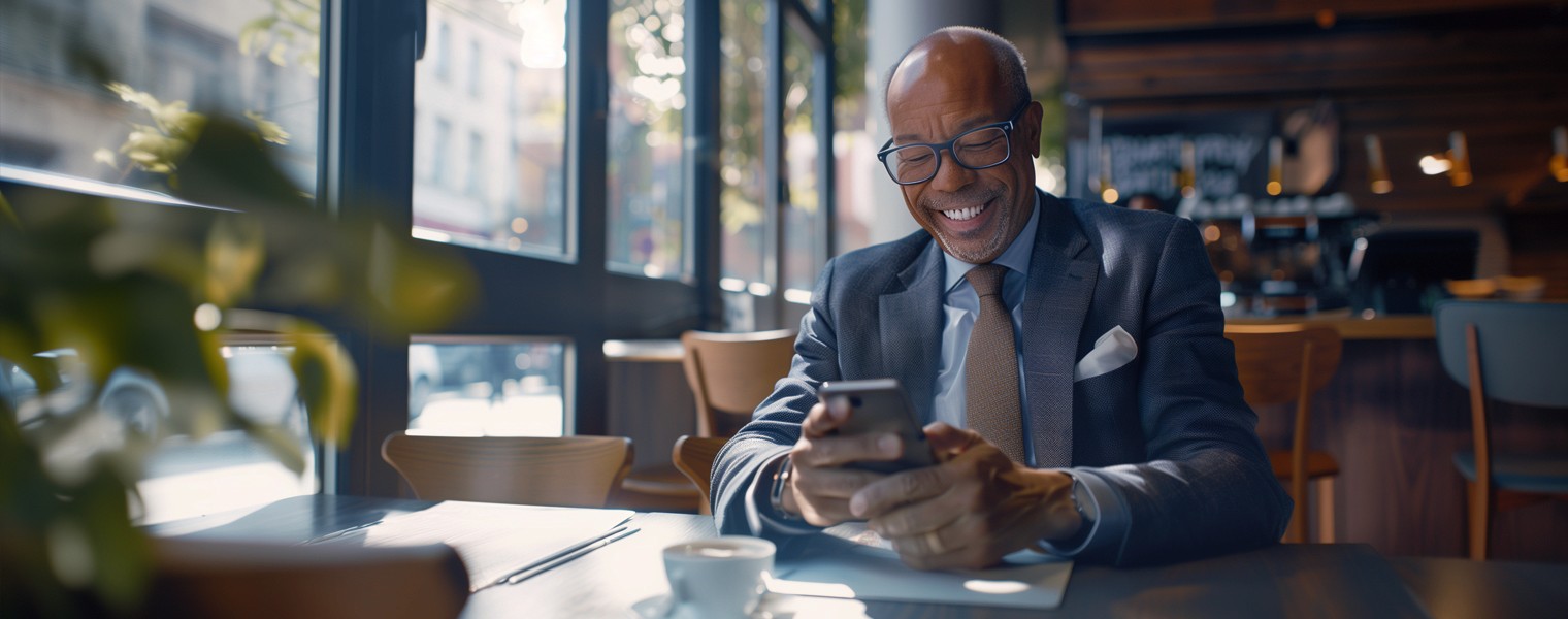 A man smiles at retail banking CX improvements on his phone, made possible by GenAI.