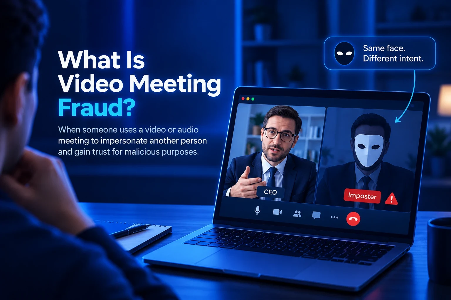 Video meeting fraud showing an imposter posing as a CEO on a video call.