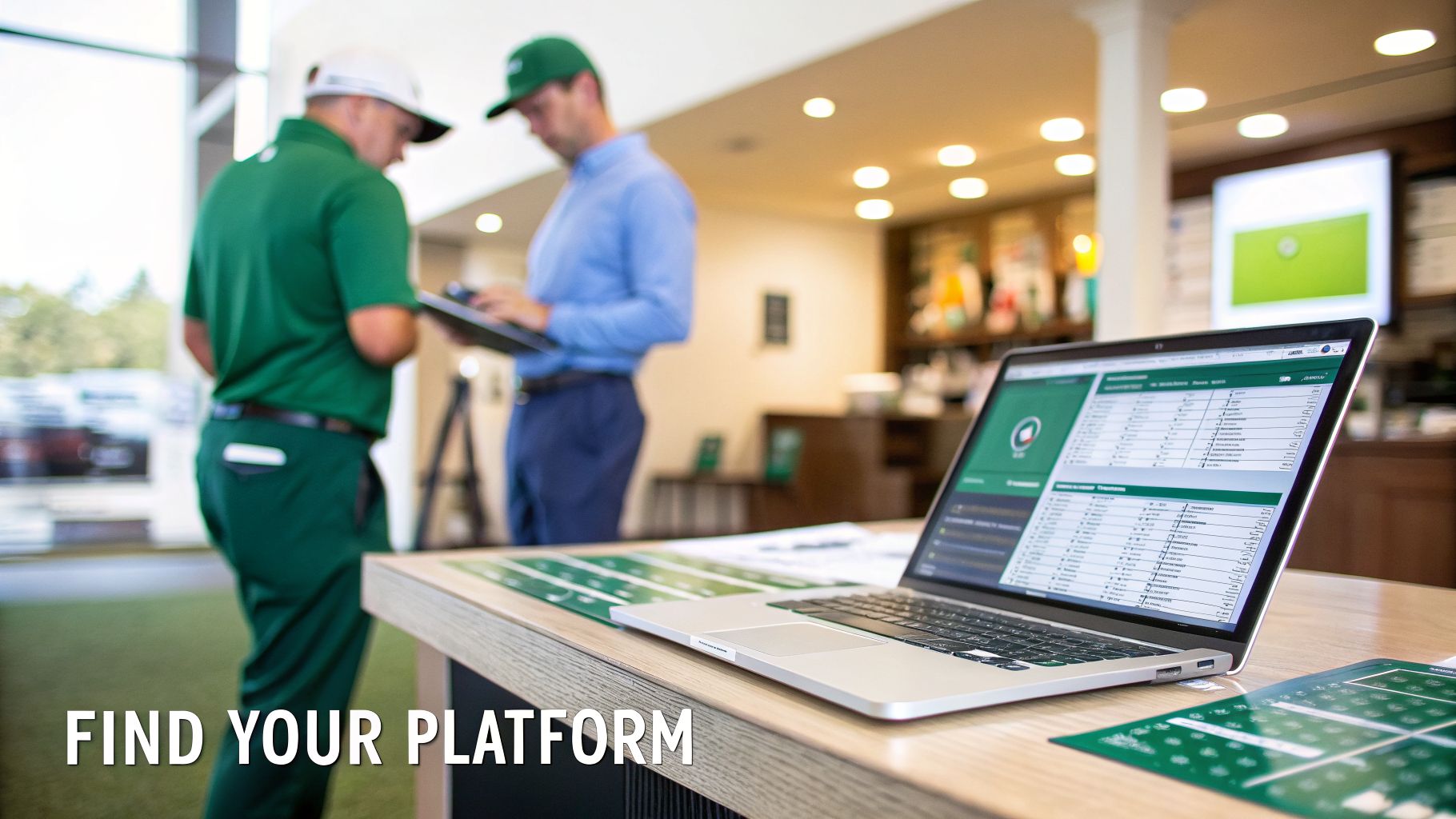 Two men in a golf facility discuss plans while a laptop displays golf course management software.