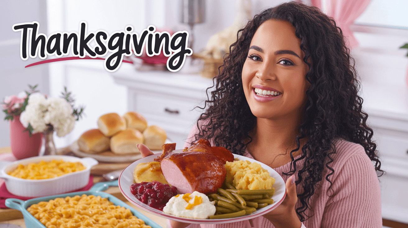 Smiling woman holding Thanksgiving plate with ham sides and bright homey dinner table background