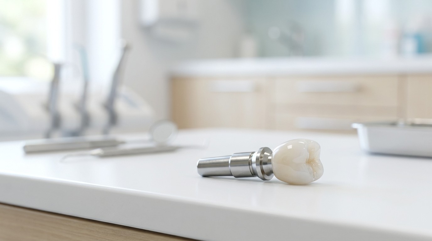 A dental implant model showing the titanium post, abutment, and crown components used to replace a single tooth.