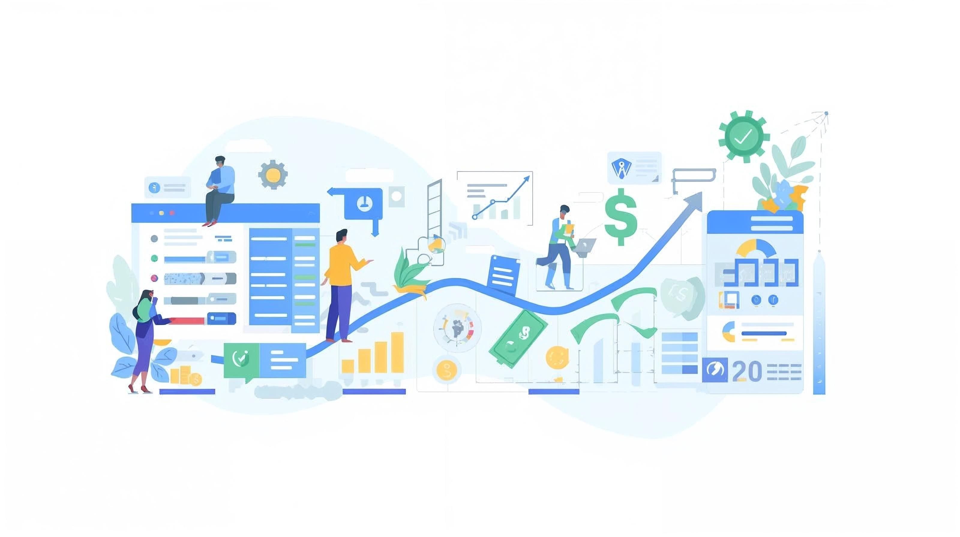 Conceptual flat illustration showing a startup financial model spreadsheet transforming into a roadmap. Includes icons representing revenue, expenses, cash flow, and pro forma statements flowing into a growth path or arrow. Modern, flat design, bright colors (blue, green, yellow), clean startup aesthetic, isometric element
