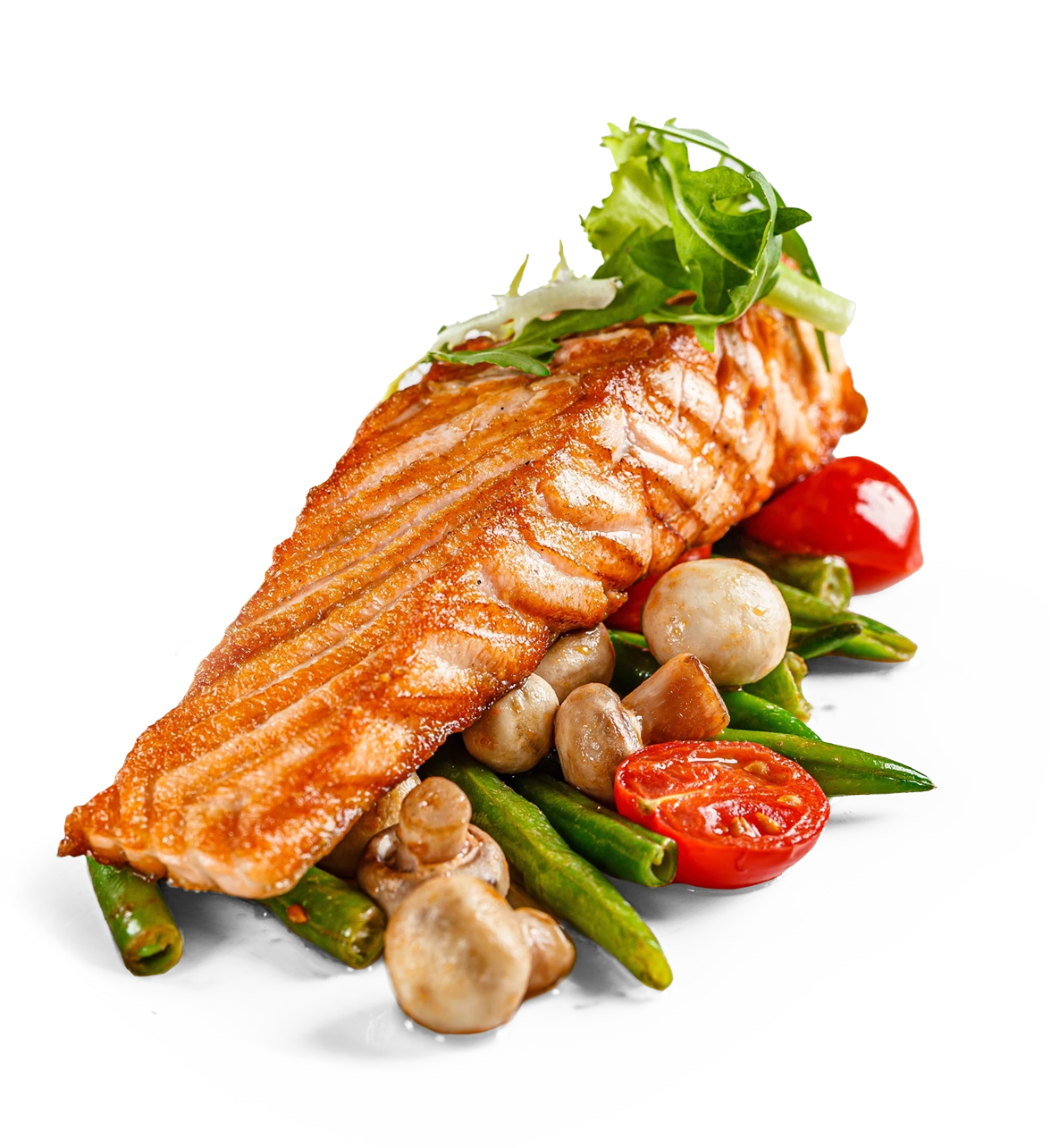Lowcal Garden grilled salmon fillet with green beans, mushrooms, cherry tomatoes and arugula on white background — clean food photography for healthy meal menu by Makers' Studio