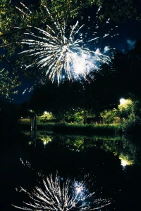 Feuerwerk über den Bäumen am Rand der Stadtmitte.