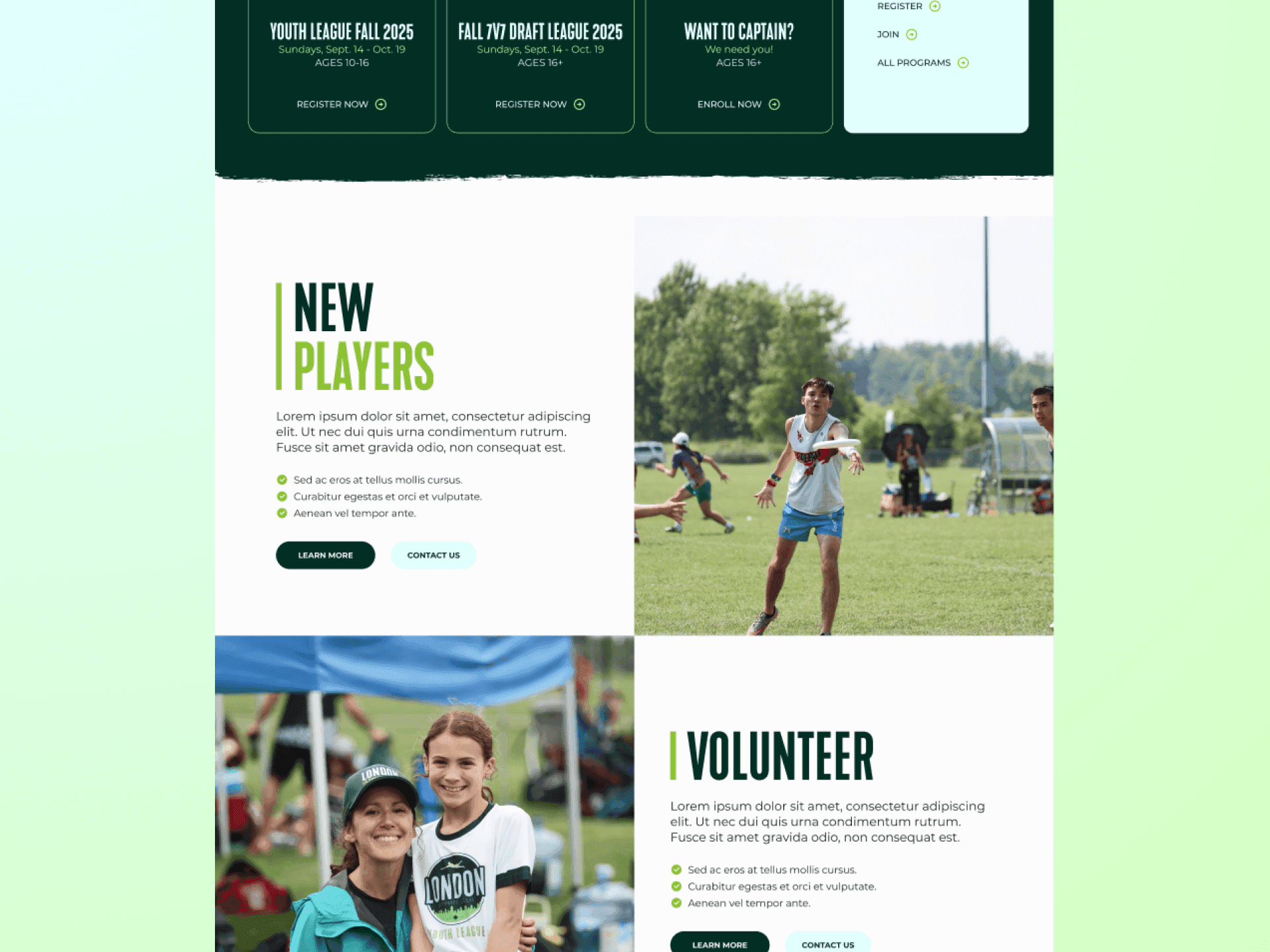 Website section featuring new players and volunteer program visuals.