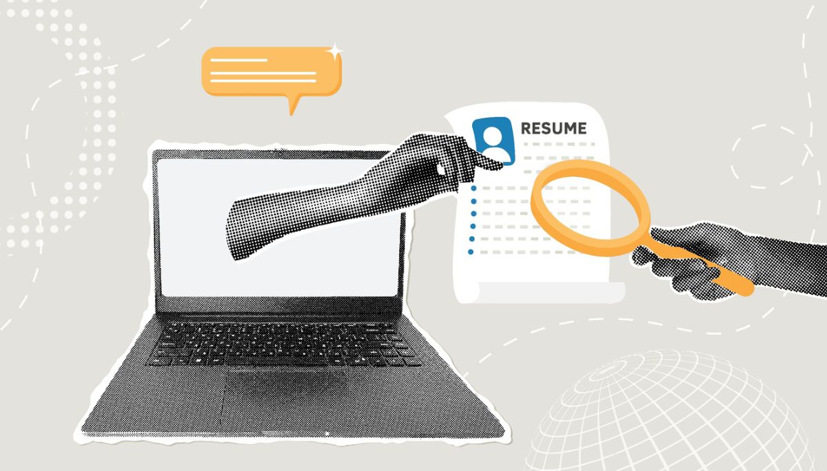 Laptop with resume document, magnifying glass, and speech bubble, symbolizing how to showcase senior software engineer skills on a resume.