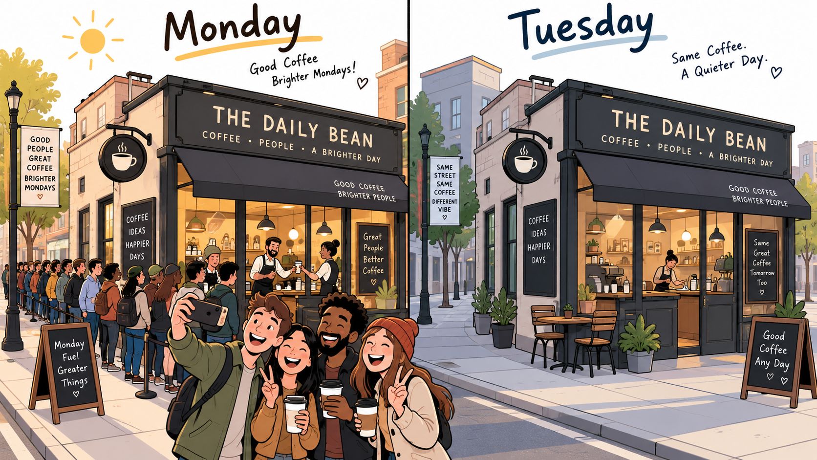 Comparación ilustrada entre una cafetería concurrida los lunes y un ambiente tranquilo los martes por la mañana.