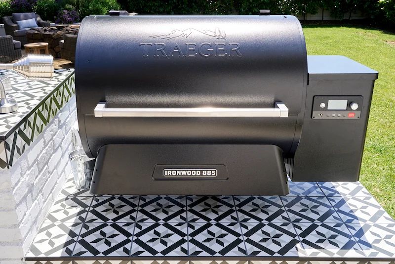 Overhed shot of a surface mounted outdoor BBQ from the Costa Mesa Exterior Remodel project. Photo by Todd Huge.