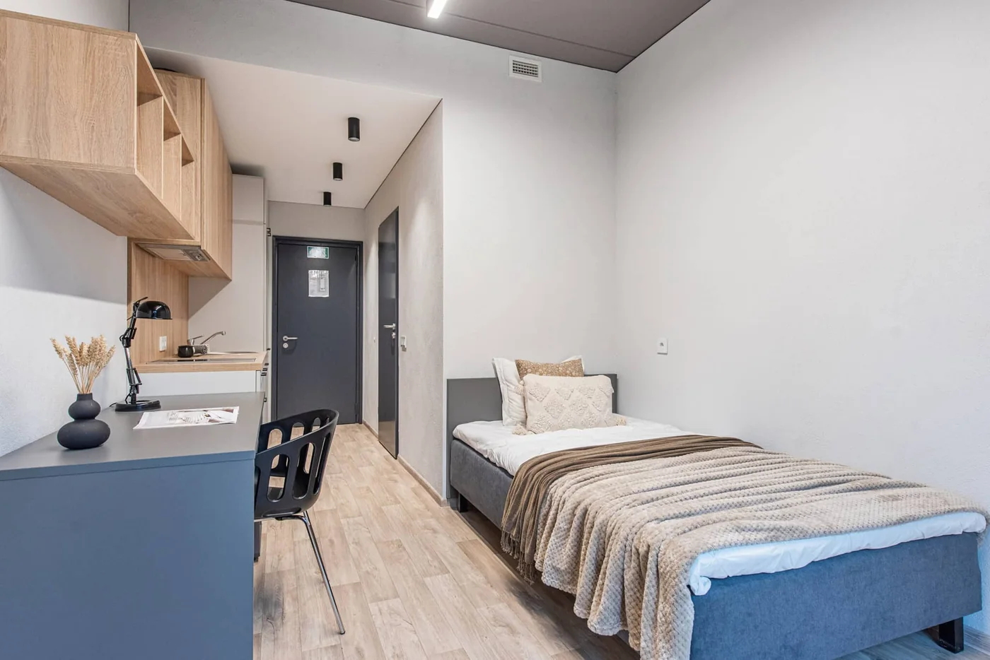 Furnished single student studio in Vilnius with bed, study desk, storage and private kitchenette.