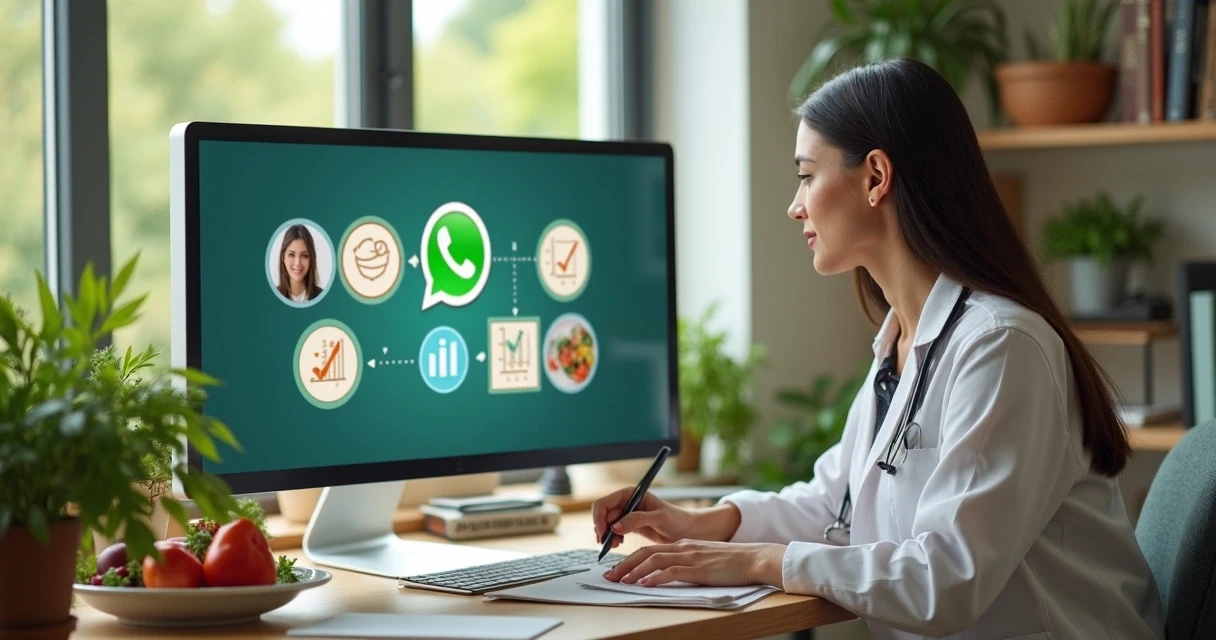 Nutricionista interagindo pelo WhatsApp em um consultório, com computador e gráficos na tela 