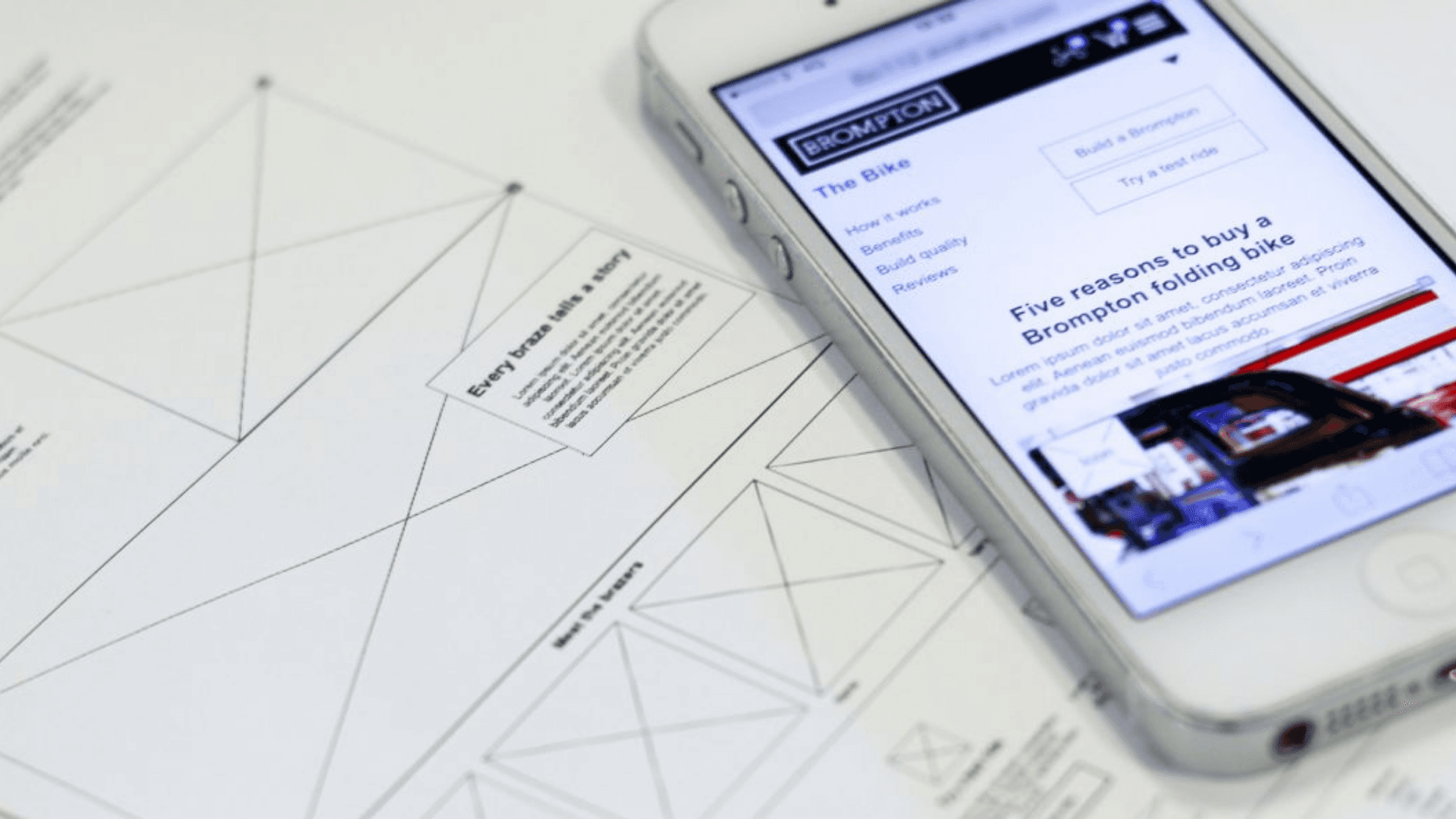 A mock up of the Brompton website alongisde printed wireframes