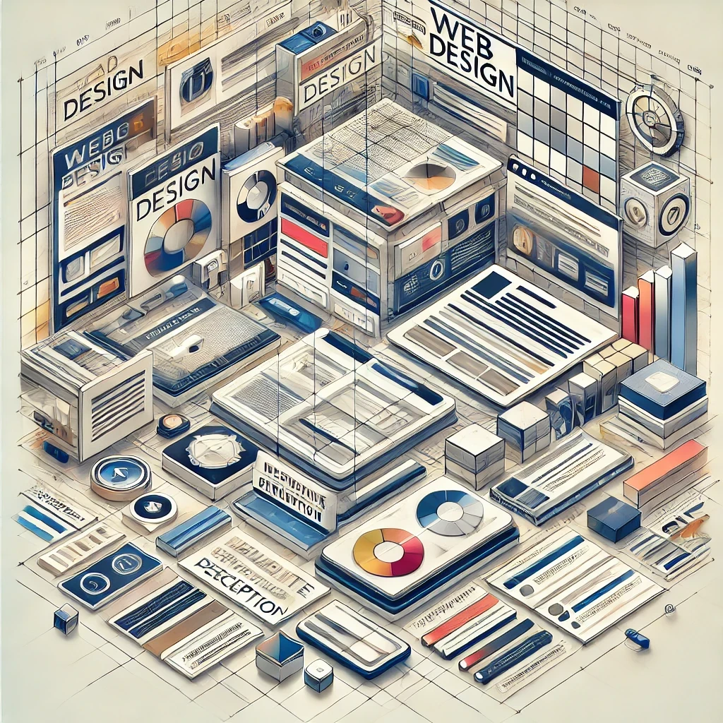 Abstract digital illustration featuring key web design elements that influence brand perception. The image includes structured design grids, modern typography, user interface icons, and navigation menus, symbolizing clarity, trust, and professionalism in website design.