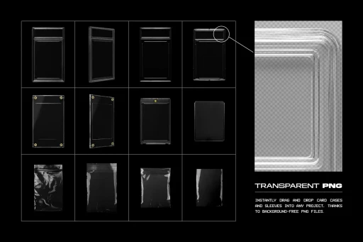 Trading card case mockups transparent PNG assets including slabs cases and plastic sleeves
