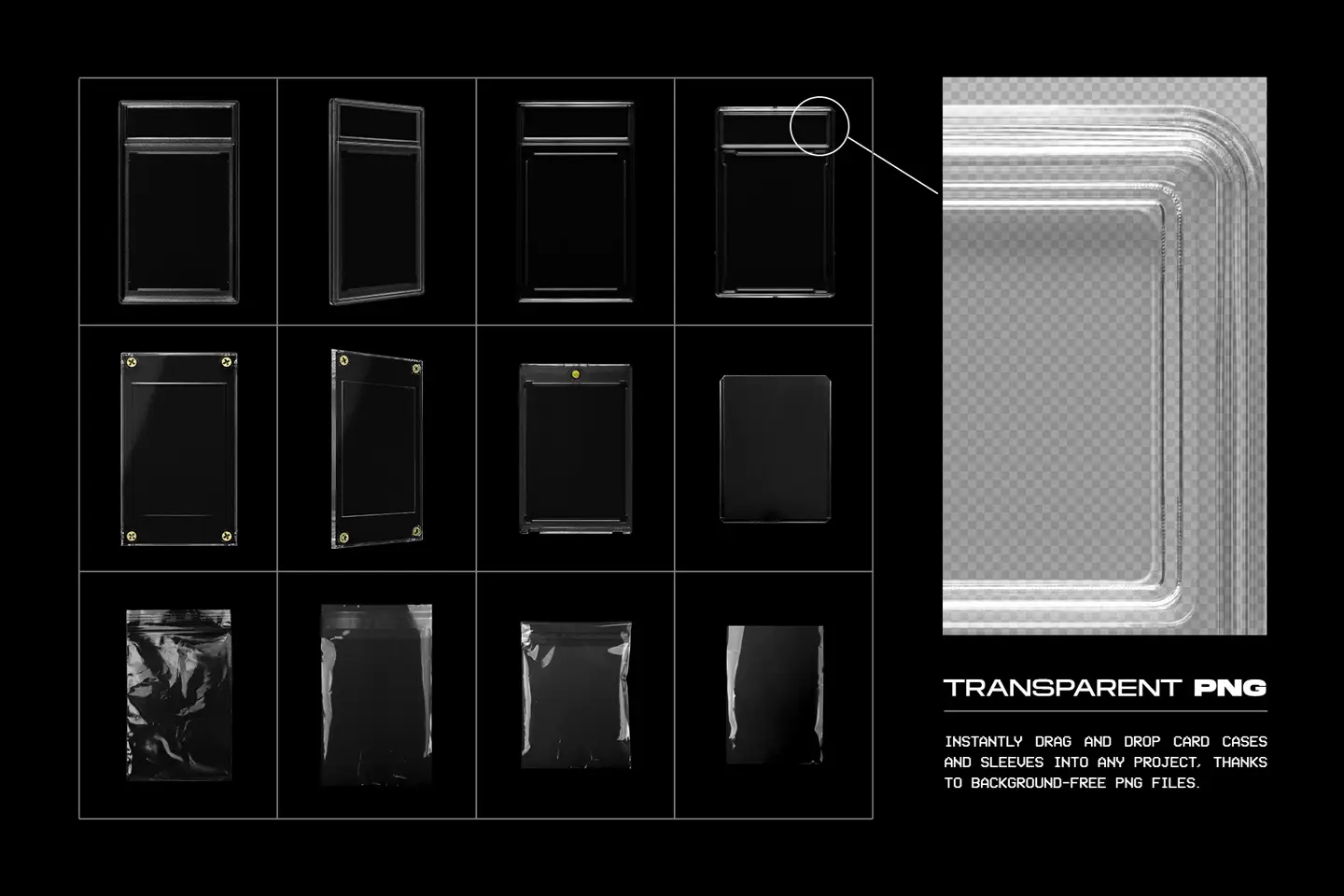 Trading card case mockups transparent PNG assets including slabs cases and plastic sleeves