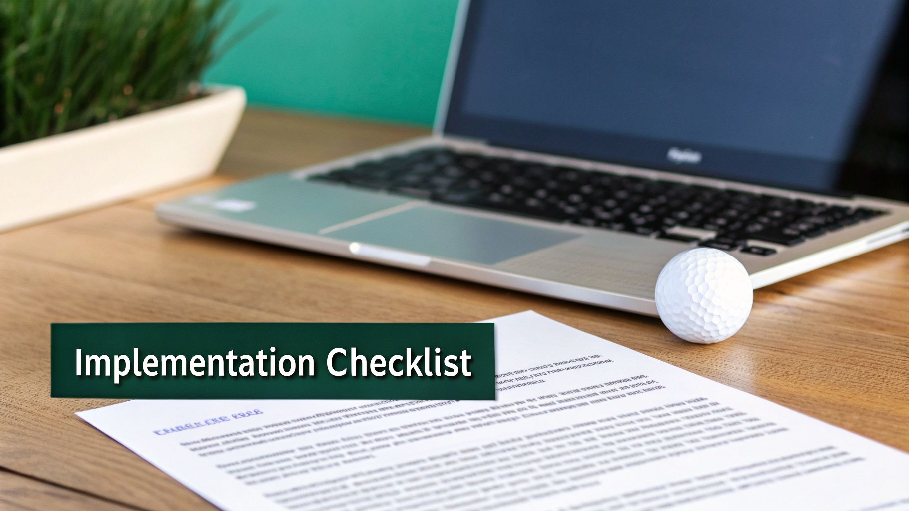 A desk setup with a laptop, document, golf ball, and 'Implementation Checklist' banner.