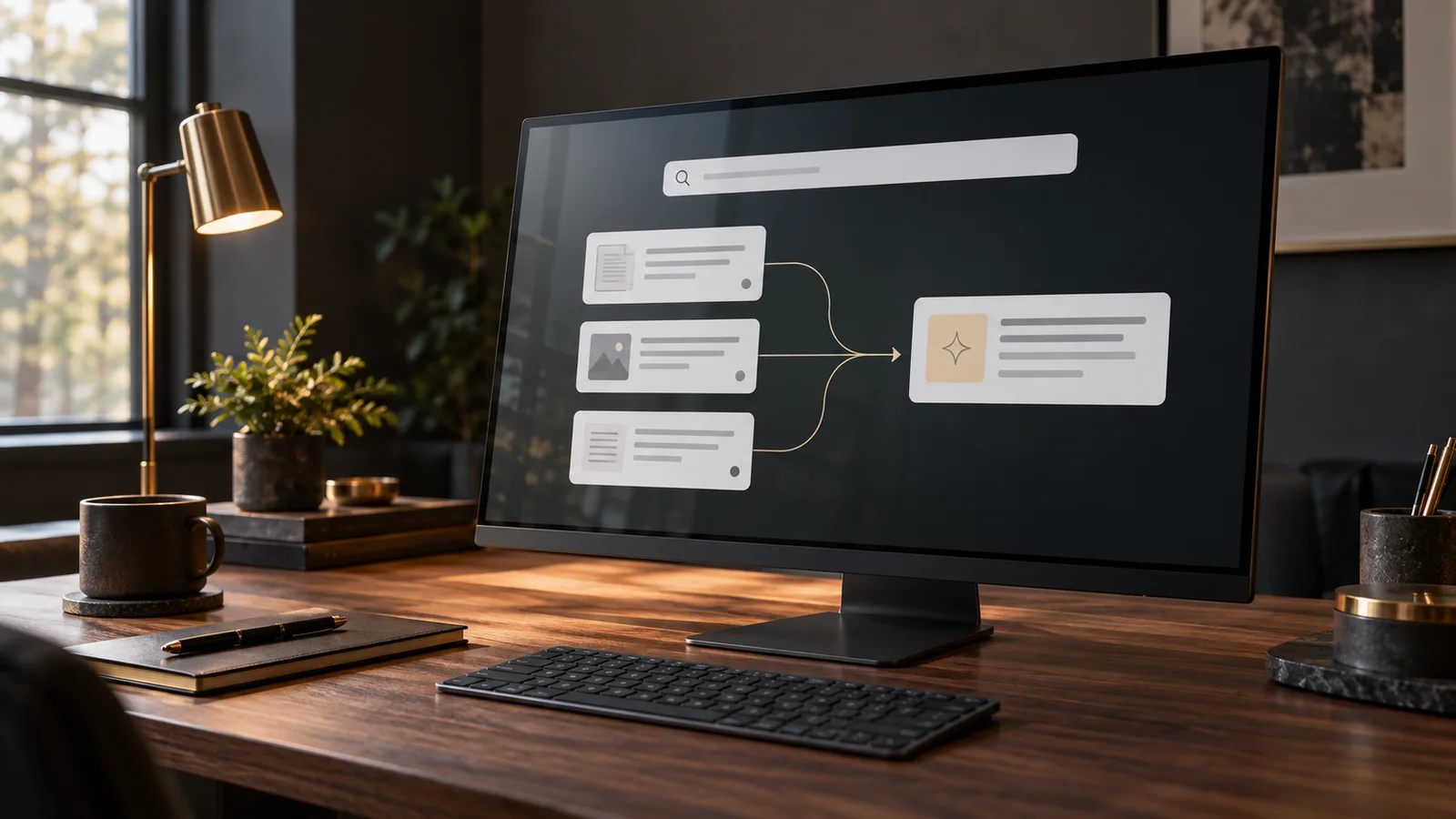 Desktop monitor illustrating website sources feeding an AI search answer.